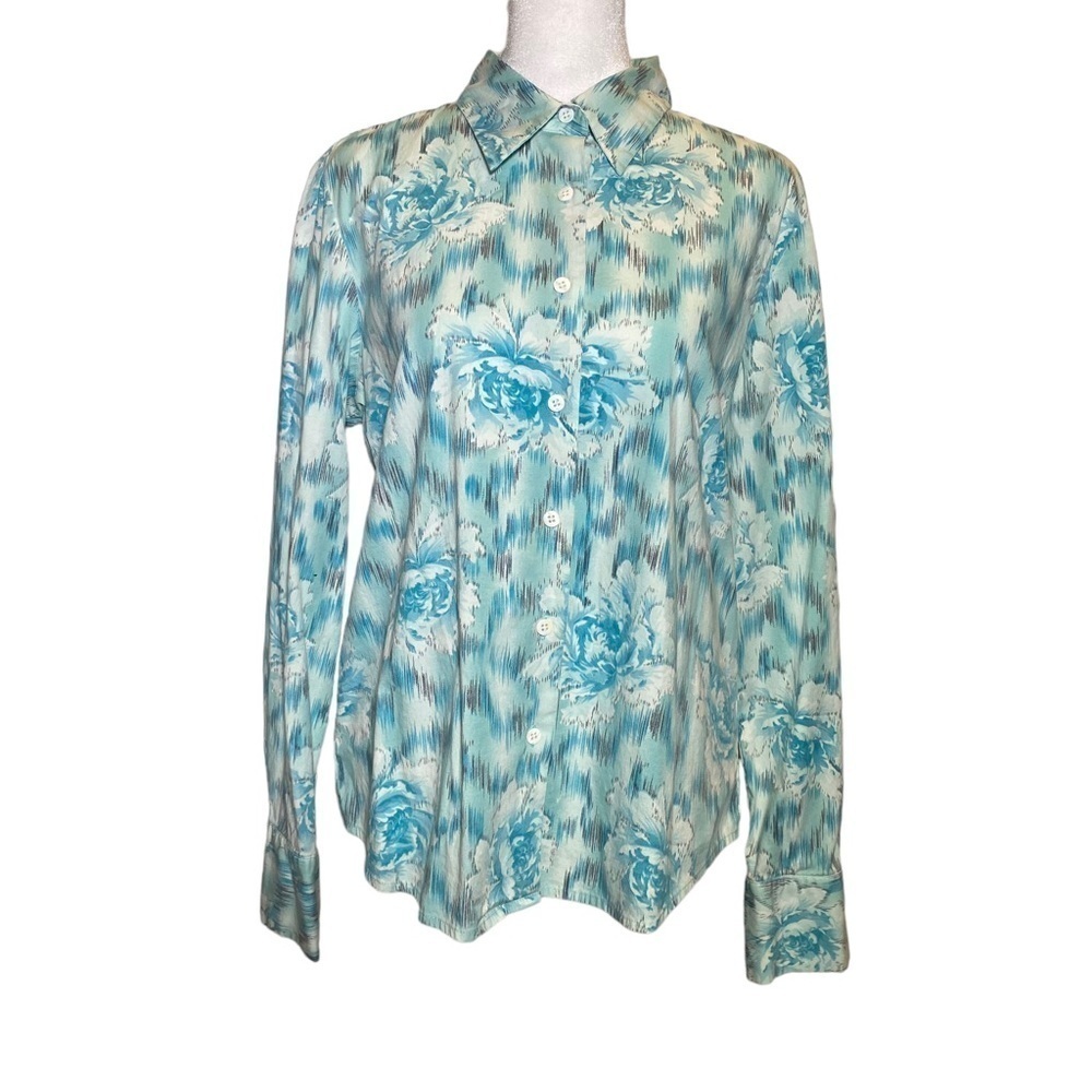 David Brooks women's size 12 long sleeve blue white floral button-up shirt